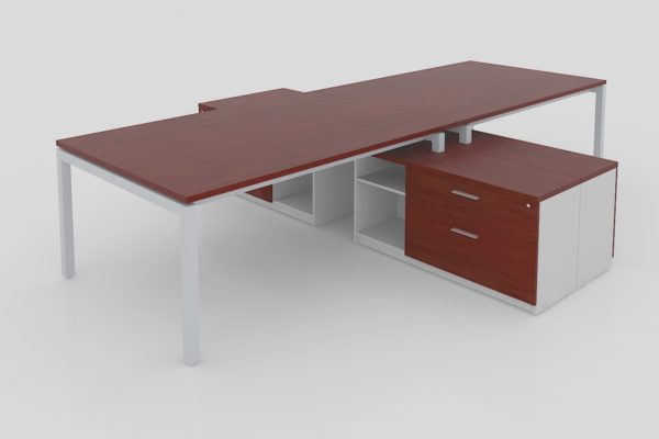 MODULO DOBLE T CUBIERTAS CAL. 28MM CON CREDENZA SOPORTE DE 2 CAJONES 1 PAPELERO, 1 DE ARCHIVO Y LIBRERO ABIERTO, PATA METALICA TIPO U, DE 360X2.80X0.75