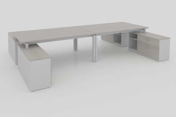 MODULO H CUBIERTAS CAL. 28MM CON CREDENZA SOPORTE DE 2 CAJONES 1 PAPELERO, 1 DE ARCHIVO Y LIBRERO ABIERTO, PATA METALICA TIPO U, DE 360X2.80X0.75