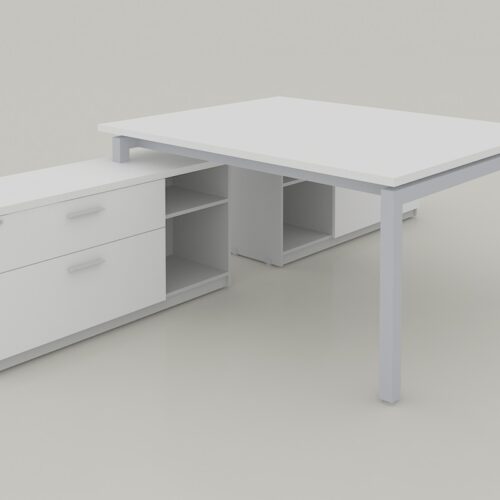 MODULO T CUBIERTAS CAL. 28MM CON CREDENZA SOPORTE DE 2 CAJONES 1 PAPELERO, 1 DE ARCHIVO Y LIBRERO ABIERTO, PATA METALICA TIPO U, DE 1.50X2.80X0.75