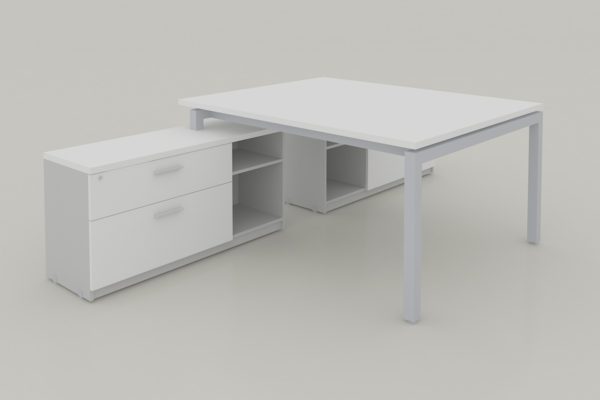 MODULO T CUBIERTAS CAL. 28MM CON CREDENZA SOPORTE DE 2 CAJONES 1 PAPELERO, 1 DE ARCHIVO Y LIBRERO ABIERTO, PATA METALICA TIPO U, DE 1.50X2.80X0.75