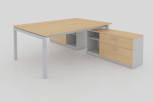 MODULO T CUBIERTAS CAL. 28MM CON CREDENZA SOPORTE DE 2 CAJONES 1 PAPELERO, 1 DE ARCHIVO Y LIBRERO ABIERTO, PATA METALICA TIPO U, DE 1.80X2.80X0.75