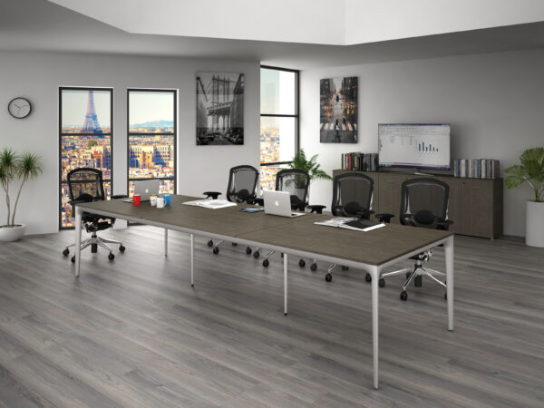Mesa 3.60 x 1.20 estructura de aluminio en color GRIS, tres cubiertas 1.20x1.20 en tranche' fresno gris o olmo tafira " - muebles de oficina en veracruz y xalapa"