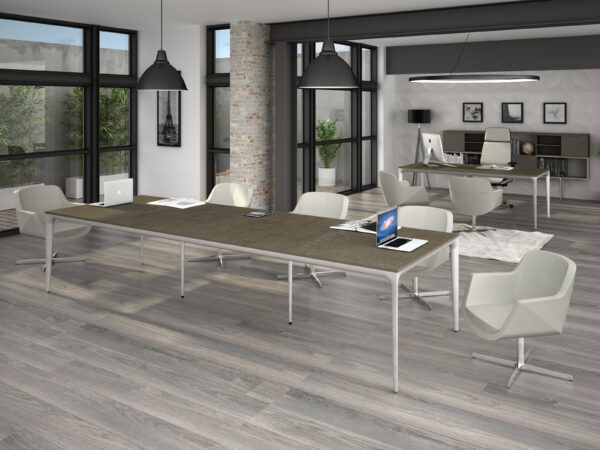 Mesa 3.60 x 1.20 estructura de aluminio en color GRIS, tres cubiertas 1.20x1.20 en tranche' fresno gris o olmo tafira " - muebles de oficina en veracruz y xalapa"